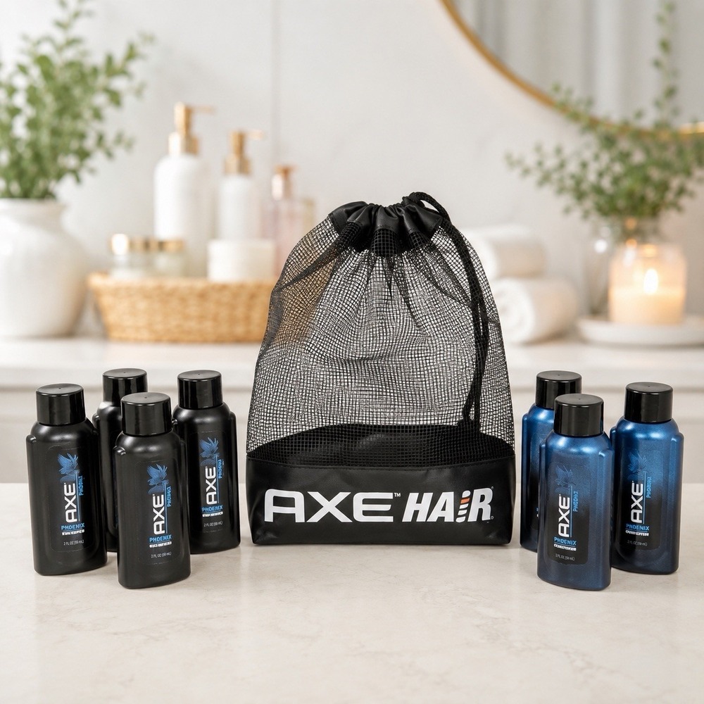AXE Primed Just Clean Travel Size Shampoo Lot 7 Bottles w/ Mesh Bag 1.7 oz Rare